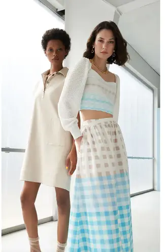 Ming Wang Maxi A Line Skirt Gingham Cotton Poplin Blue White High Waist M NWT