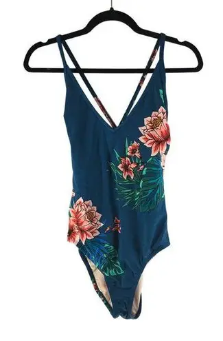 Kona Sol One Piece Swimsuit Shelf Bra Crossover Straps Floral Teal Blue M