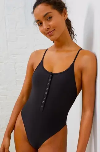NWT UpWest Black Henley One Piece Bathing Suit Snaps High Cut Scoop Back Medium