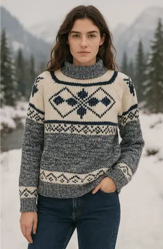 Vintage Nordic Snowflake Fair Isle Sweater XL Blue White Chunky Knit Winter
