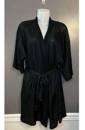 Frederick's of Hollywood Robe Womens Large Sheer Striped Kimono Belted Wrap