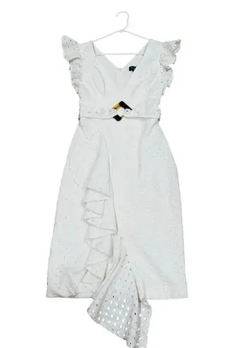 PATBO romantic ruffle sleeve Belted Eyelet Midi Dress In White sz 4