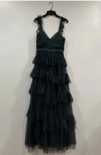 Betsy and Adam Hunter Green GIGI” Tiered Ruffled Airy Mesh Gown Sz 8 Prom NWOT