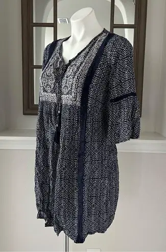 Artesia Boho Dress Casual Mini with Neck Ties Tassels Navy Cream Size S