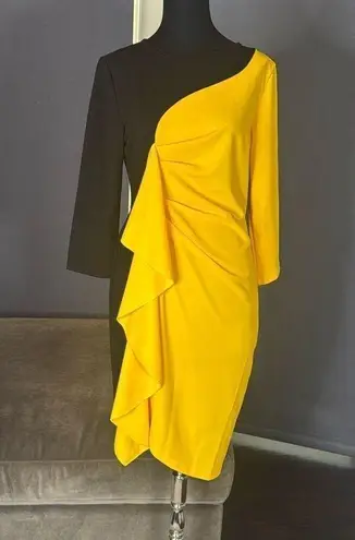 Women’s Black & Yellow Asymmetrical Ruffled Front Midi Dress 3/4 Sleeve Size M Size M
