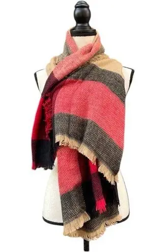 Oversized Plaid Fringe Warm Cozy Winter Fall Scarf Red Black Tan