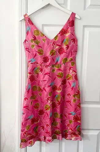 Tahari Bright Pink Floral Silk V Shift Dress Ruffle Trim Vintage Y2K Girly 8