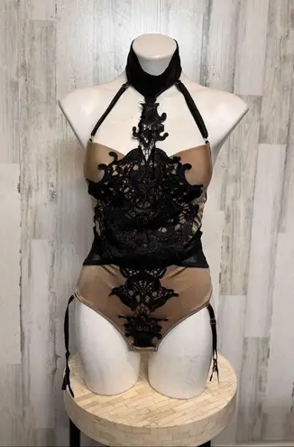 Ooh La La Paris Black Lace Applique Satin Sheer Bodysuit Lingerie Size M Brown Size M
