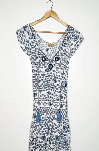 Skemo Evil Eye Boho Smocked Waist Gypsy Mini Dress In Small White