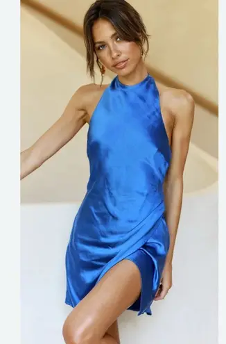Angel Biba Blue satin halter neck faux wrap twisted backless mini dress size medium