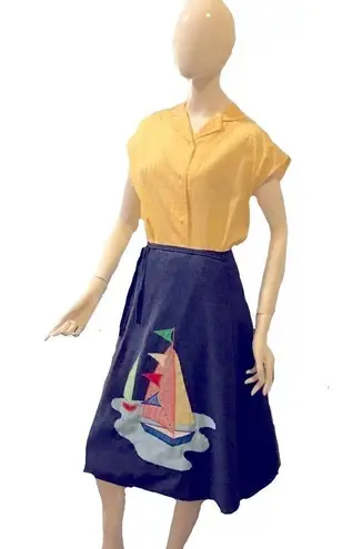 Vintage 1970s Sailboat Wrap Denim Skirt Medium Gingham Print Blue Size undefined