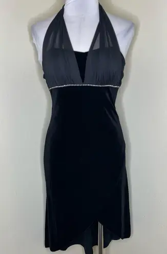 Taboo VTG Halter Dress MEDIUM Velvet Tulip Hem Rhinestone Velour Black Y2K Party