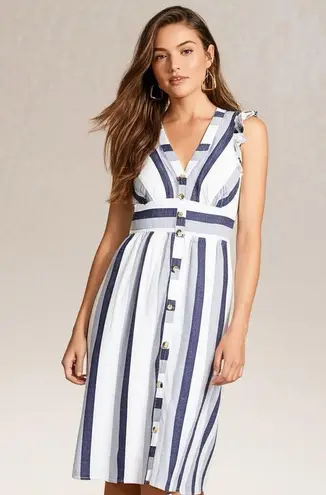 Point Sur Linen Midi Dress Striped Button Front Ruffle
Shoulder Preowned Size 2 White