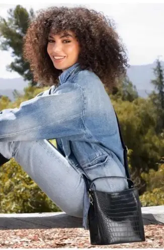 Aota Elena Bucket Bag Black Vegan Leather Crocodile Embossed