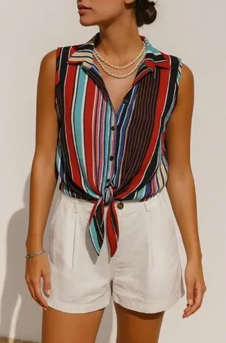 Perseption Womens Blue Striped Sleeveless Collared VNeck Button Top sz L Beachy Size L