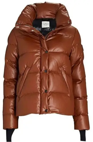 SAM. Isabel Vegan Down Puffer Jacket Faux Leather Stowaway Hood Saddle Brown S
