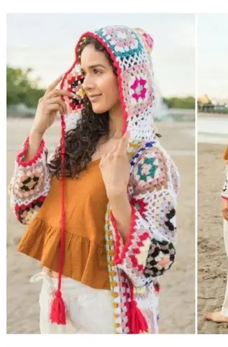 SAACHI Granny Hooded Square Crochet Ruana kimono cardigan One Size Size L