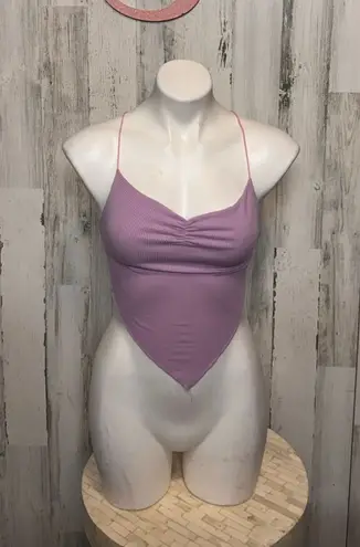 Lavender Ribbed Lace Up Back Bodysuit Size Small Purple Ruched Front One Piece