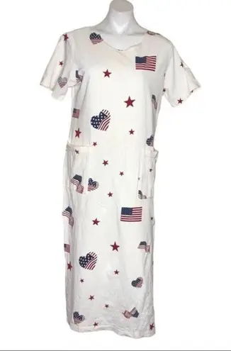 AMERICANA White T Shirt Dress Flags & Stars Patriotic Vintage Made in USA Size M