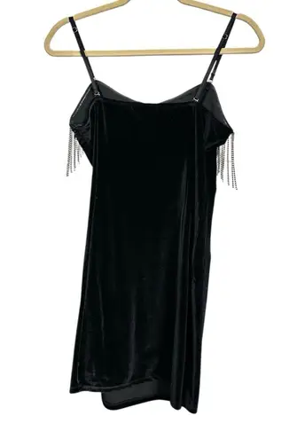 Revamped Women Sz XL Black Velveteen Pencil Mini Dress Rhinestone Fringe Velvet