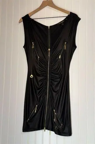 Rocawear Vintage Y2K Black Bodycon Mini Dress Gold Zippers Chains Size M Goth