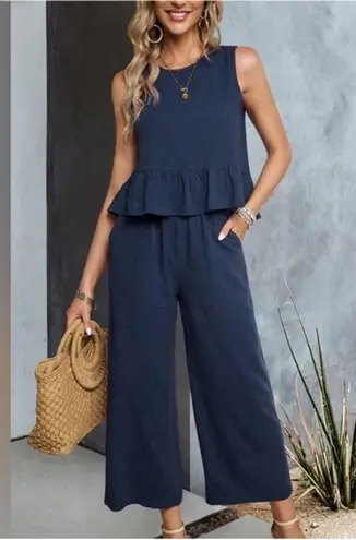 Elegant Blue Pants with Ruffled Peplum Top 2 Piece Set Size L