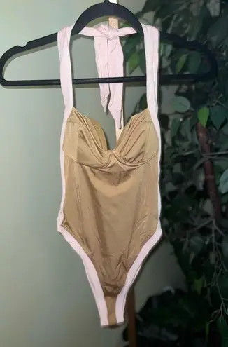 FREE PEOPLE X WE ARE HAH Pull Thru One Piece Bathing Suit in Shroom NWT Size Sm Tan