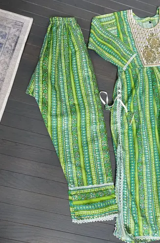 Cotton Nayra Cut Beautiful Kurti Set Indian Women Wedding Wear Ethnic Kurta Set Green Size XL