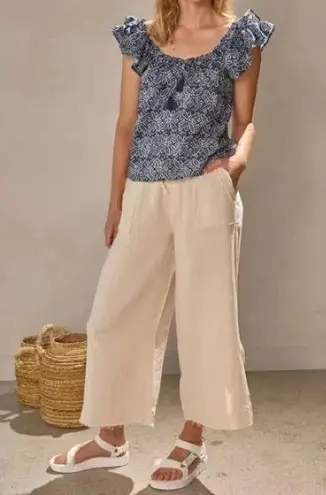 MELISSA NEPTON Summer Pant Pull On Wide Leg Waffle Cotton in Beige Clair Size L Tan Size L