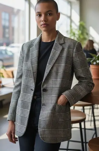 Vintage Lizwear Women's Classic Houndstooth Wool Blend Blazer Jacket size 8 Black