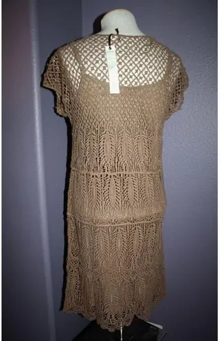 Solitaire NWT by Ravi Khosla Brown Boho Crochet Cap Sleeve Dress w/ Slip S
