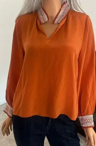 Marie Oliver Large Rust Burnt Orange Silk Blouse Peasant Top Embroidered Boho - Image 1