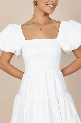 Petal and Pup  ANNETTE PUFF SLEEVE SHIRRED MIDI DRESS - WHITE