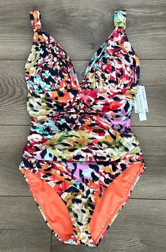 Bleu Rod Beattie Bleu By Rod Beattie Party Animal Ruched Plungeneck Multicolor Swimsuit Size 6