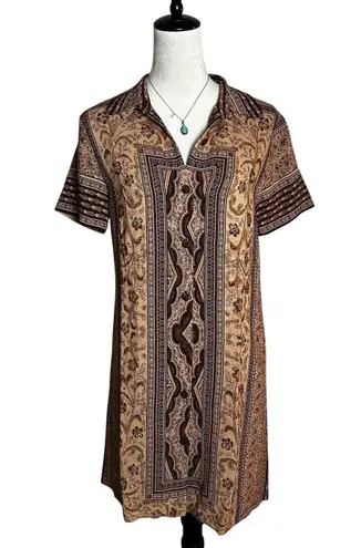 Vintage David Dart Brown Ethnic Floral Shirt Dress S | 90s Indie Grunge USA Made