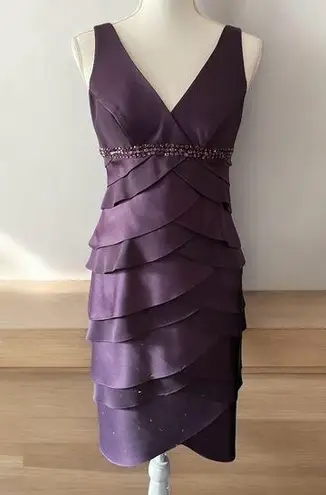 Alex Evenings Women Purple Sleeveless Layered Ruffle V-Neck With Beaded Waist