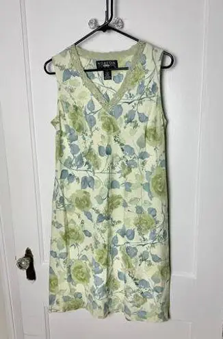 Norton Mcnaughton Vintage Y2K 00s Norton Green Blue Floral Linen Sheath Mini Dress Size Large P
