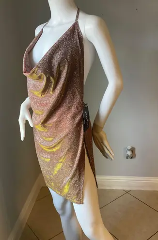 SheIn Sexy Draped Backless Split Hem Metallic Halter Dress size Large  New with tags  Slit on the sides  Stretchy  Measurements are provided in pictures