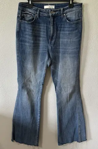 KanCan Boot Cut Flare Stretch Jeans Size 11/29 Light Medium Wash Raw Hem Blue