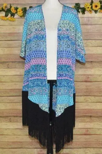 Liberty Love Blue Floral Cardigan Kimono Jacket Size L Long Fringe Festival Boho
