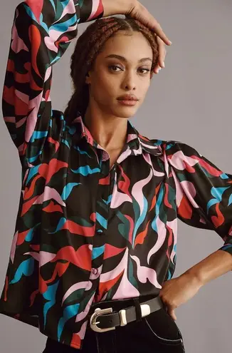 Hutch NWT Anthropologie Kodie Buttondown Blouse Pink Blue Black Top Size XS