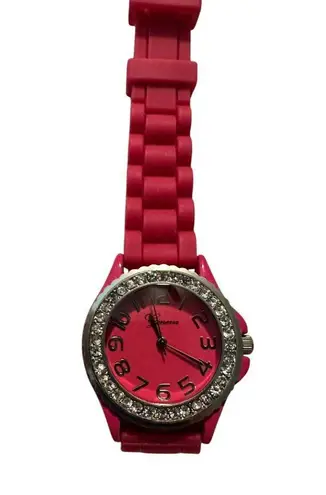 Geneva Womens Pink Silicone Watch With Rhinestone Bezel & Stainless Steel Back W