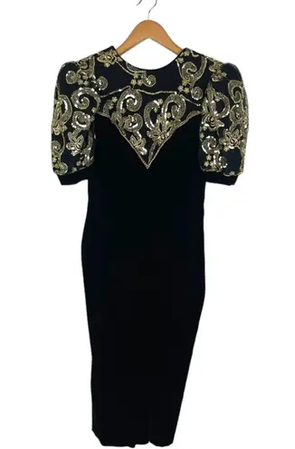 Jessica McClintock Vintage Black Velvet Gold Sequin Puffy Half Sleeves Dress