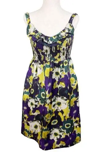 Maeve Anthropologie Giverny Silk Floral Purple Yellow Smocked Dress Size Small