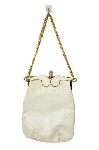 Vintage Triangle by New York Leather Purse Gold Toned Chain Ostrich Leather Bag White