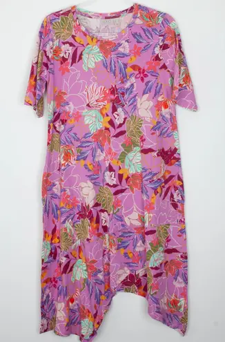 LOGO By Lori Goldstein LOGO Lori Goldstein Floral Maxi Dress Shark Bite Hem Size S Pink Lagenlook Artsy