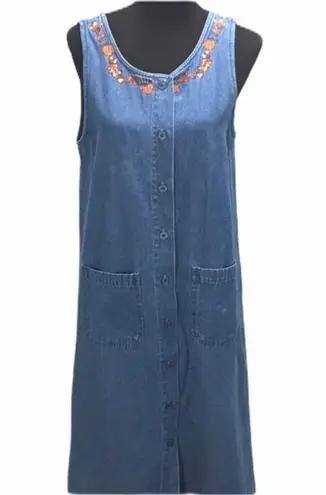 Lemon Grass Leaves Embroidered Jean Dress, Blue, 8