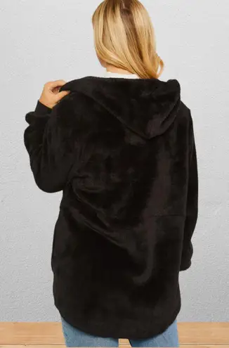 Sherpa fur cozy cardigan with pockets and hoodie Black