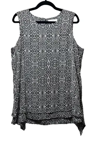 Fever Top Large Black White Print Sleeveless Layered Tunic Blouse Lined Sheer