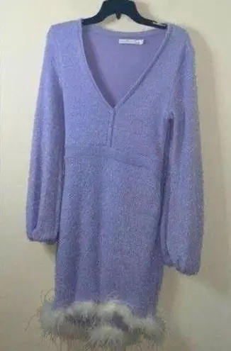 By Egreis Purple Eyelash Long Sleeve Bodycon Sweater Dress White Boa Fur trim Size M
